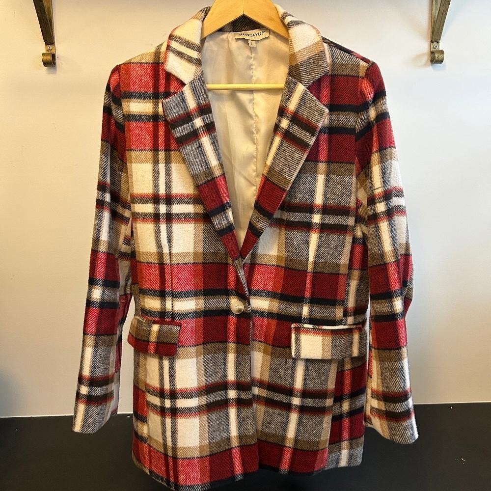SUNDAYUP Women's Plaid Blazer Red Tan‎ Black Oversized Lapel Single Button Large